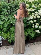 Blue A Line V-neck Beaded Back Tie Long Prom Dress