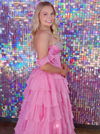 Teal Blue Tiered Ruffle Prom Dress with Crystal Basque Waist Corset