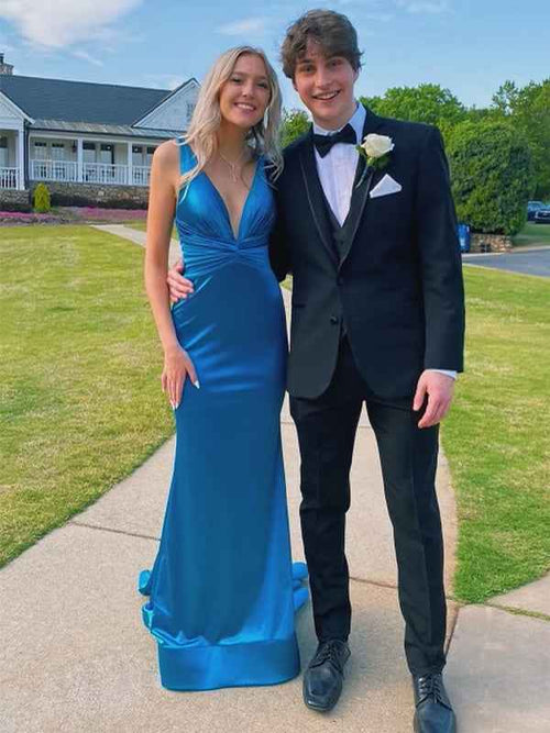 Teal Mermaid Plunge Neck Twist Satin Long Prom Dress BMBRIDE