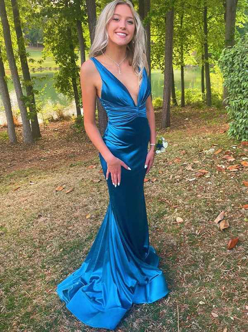 Teal Mermaid Plunge Neck Twist Satin Long Prom Dress BMBRIDE