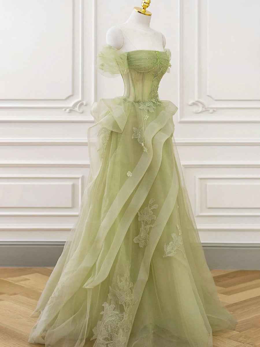 Tulle Lace Long Prom Dress with Corset Formal Party Dress