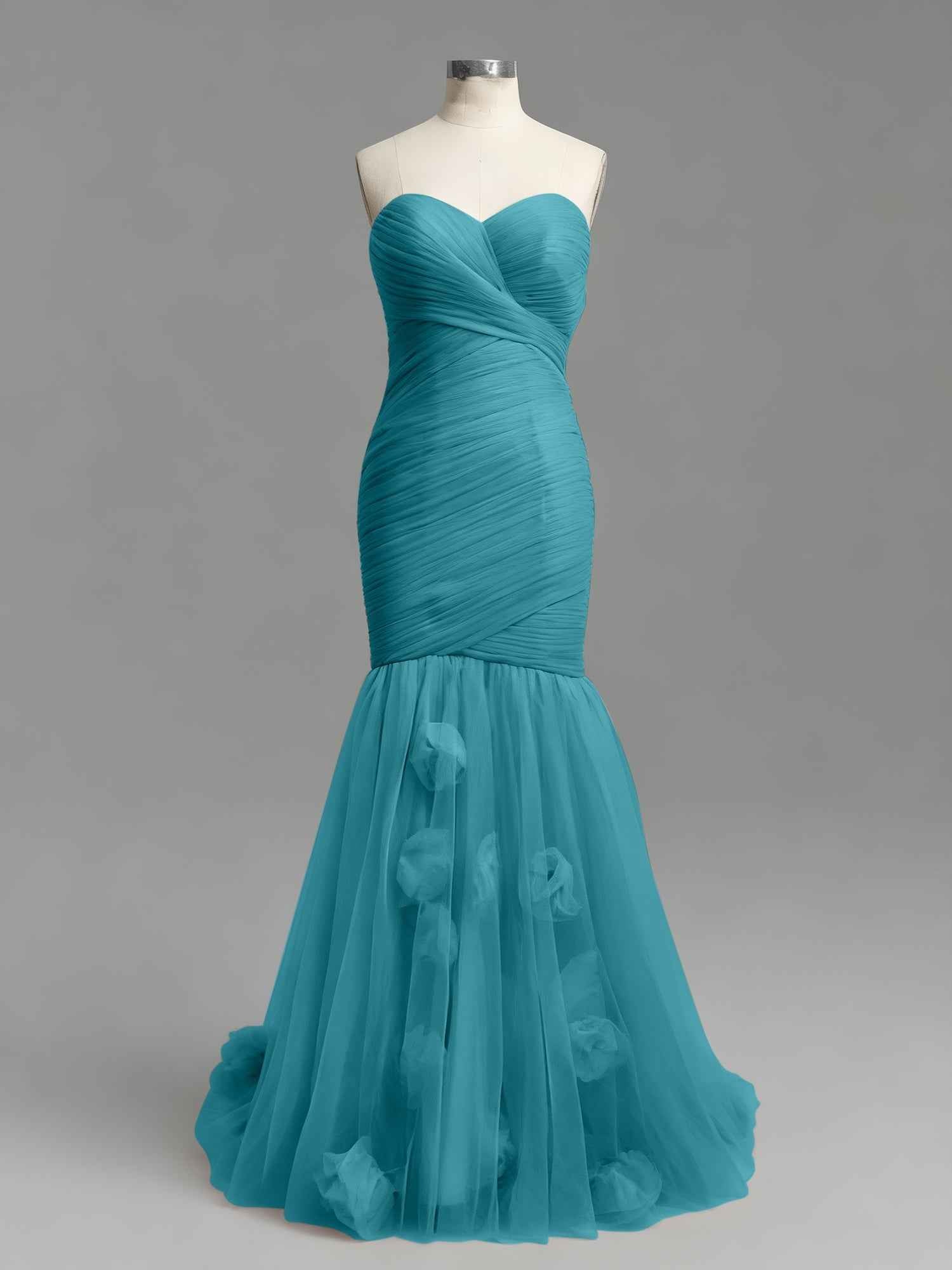 Dusty Rose Mermaid Strapless Ruched Tulle Prom Dress with 3D Floral