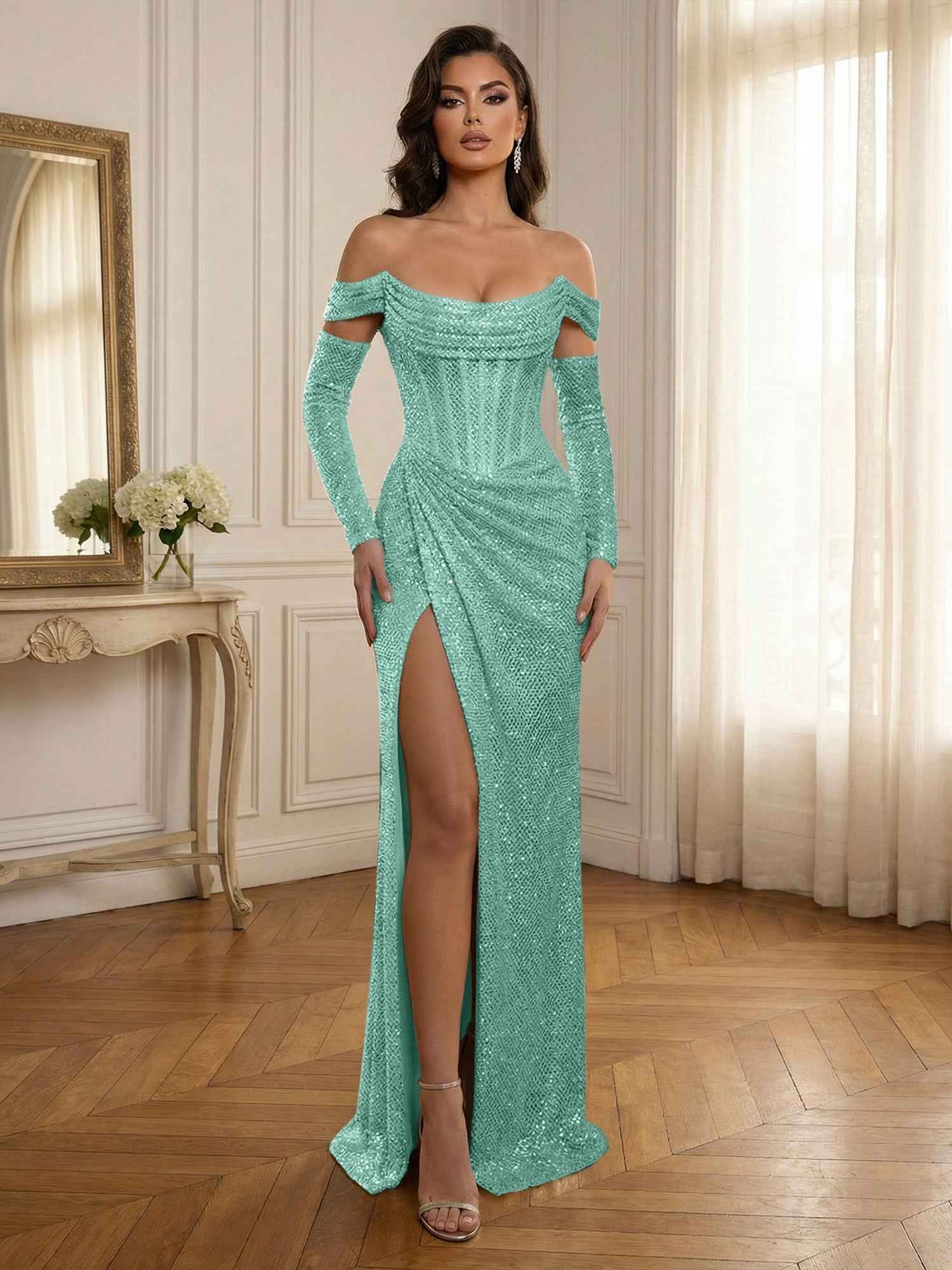 Glamorous Sequined Off-Shoulder Corset Bodice Long Prom Dress with High Slit