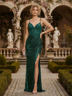V-Neck Appliques Lace Corset Long Prom Dress with Slit