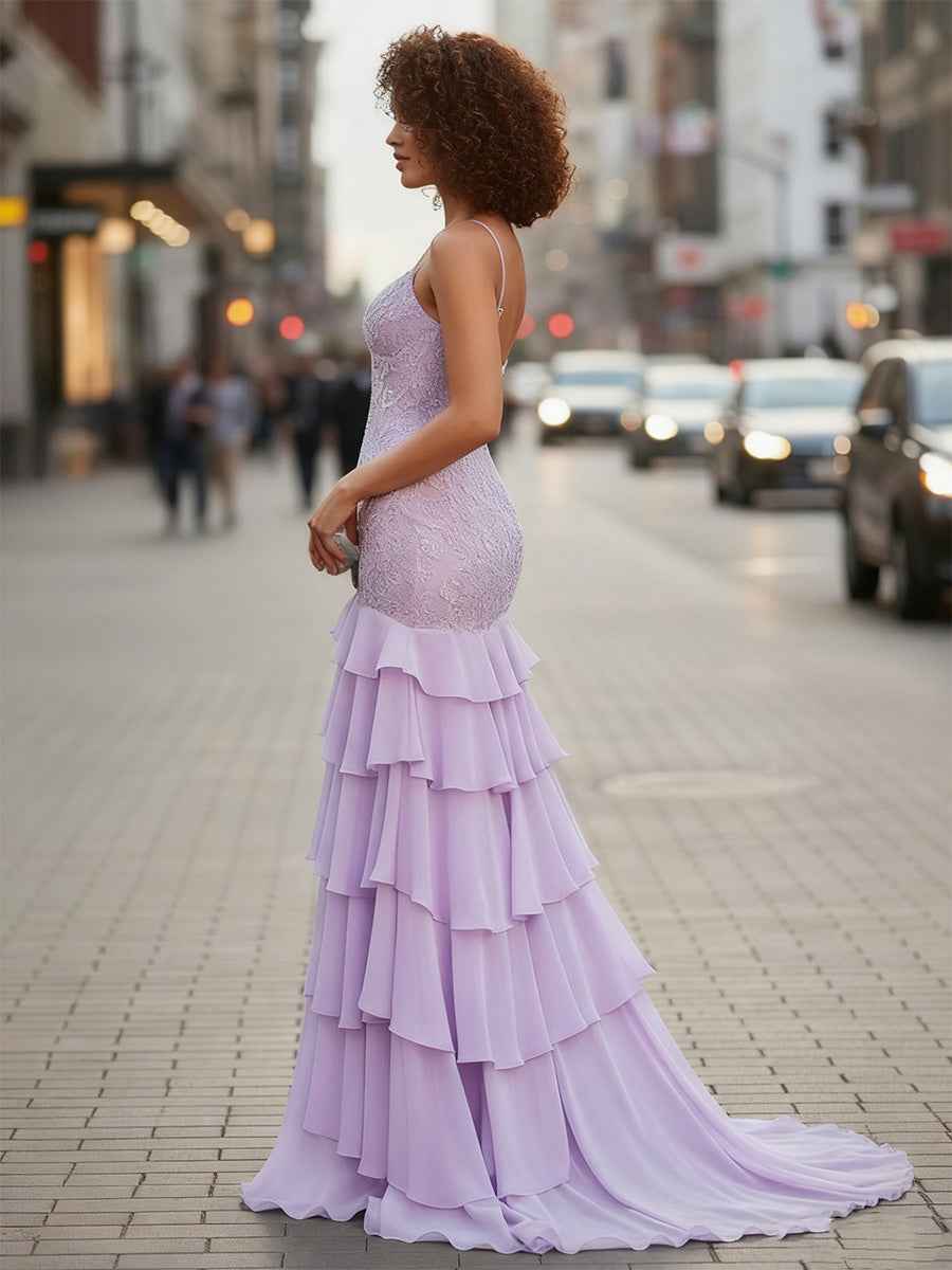 V-Neck Appliques Lace Sweep Train Chiffon Prom Dress wtih Slit