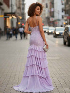V-Neck Appliques Lace Sweep Train Chiffon Prom Dress wtih Slit
