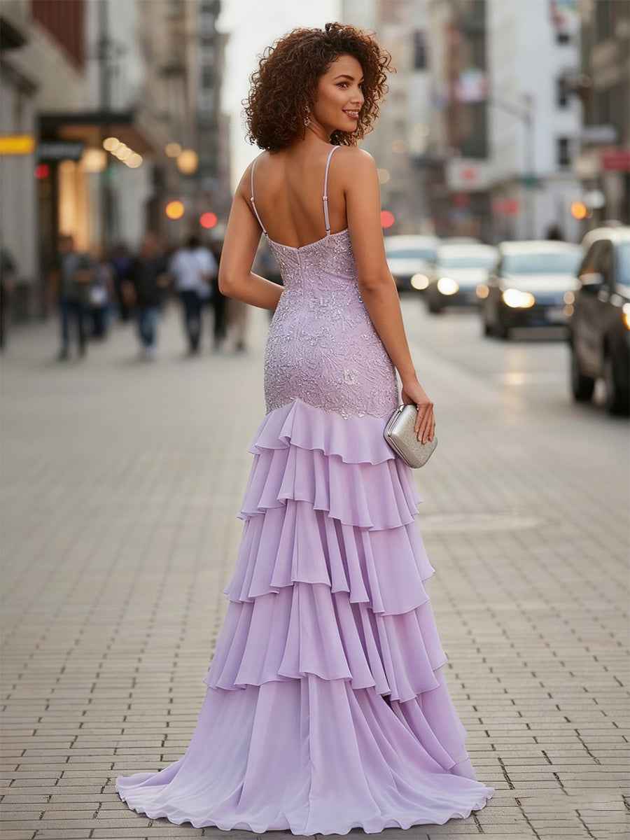 V-Neck Appliques Lace Sweep Train Chiffon Prom Dress wtih Slit