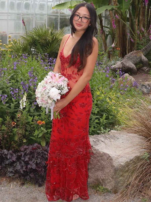 V-Neck Beaded Tiered Long Prom Dress BMBRIDE