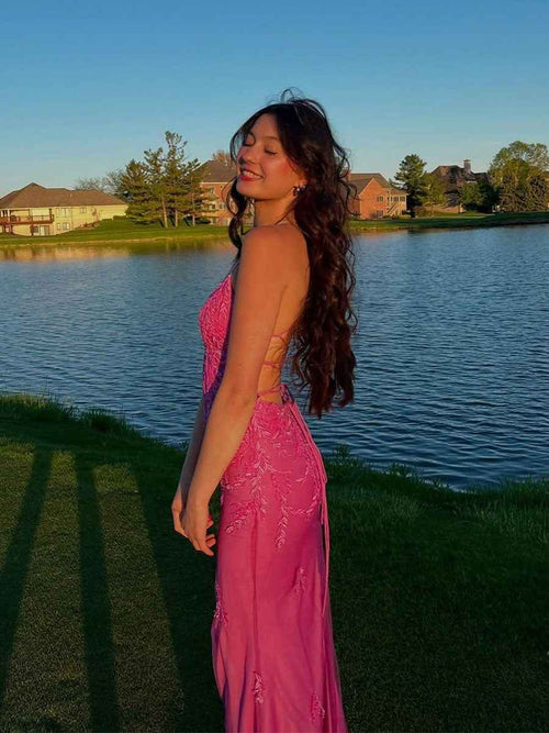 V-Neck Lace Appliques Mermaid Long Prom Dress BMBRIDE