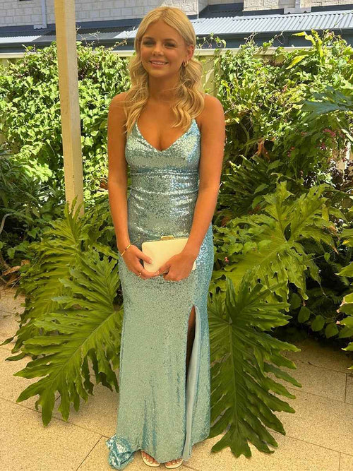 V-Neck Mint Sequin Mermaid Long Prom Dress with Slit BMBRIDE