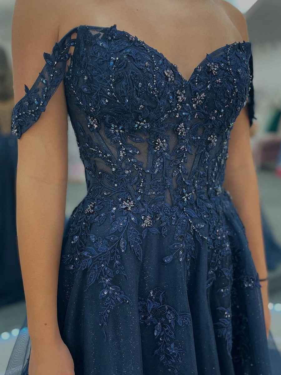 V-Neck Navy Blue Appliques Sparkle Tulle Long Prom Dress