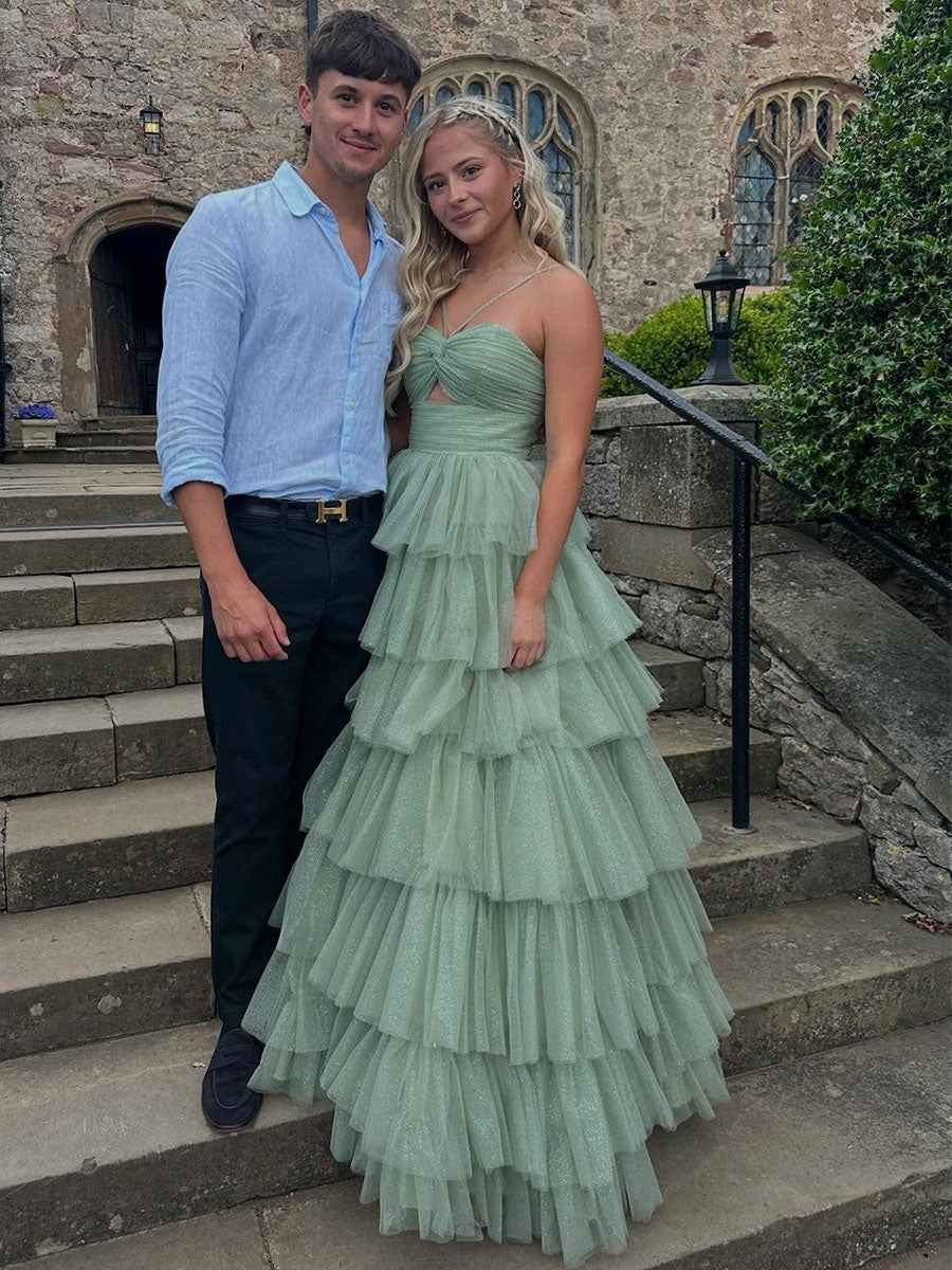 V-Neck Sage Green Tiered Sparkle Tulle Long Prom Dress