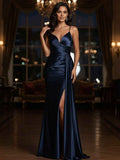 V-Neck Spaghetti Straps Satin Long Prom Dress
