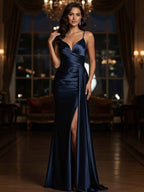 V-Neck Spaghetti Straps Satin Long Prom Dress