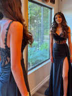 V-Neck Sequin Appliques Long Prom Dress with Slit
