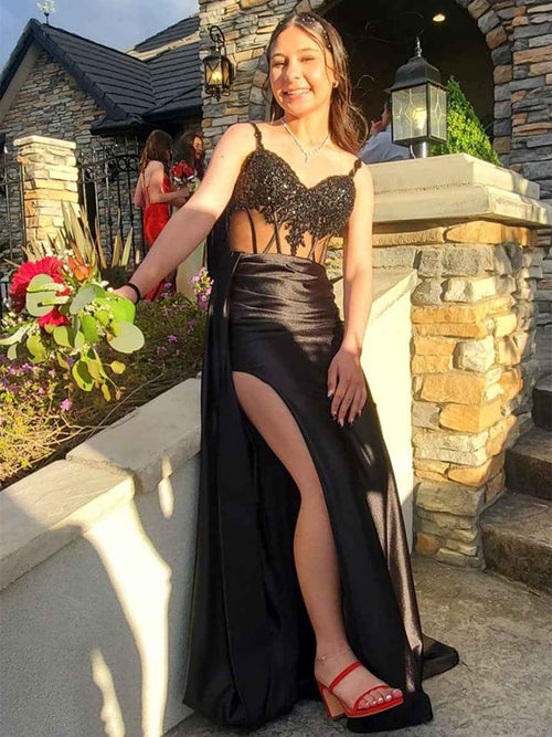 V-Neck Sequin Appliques Long Prom Dress with Slit BMBRIDE