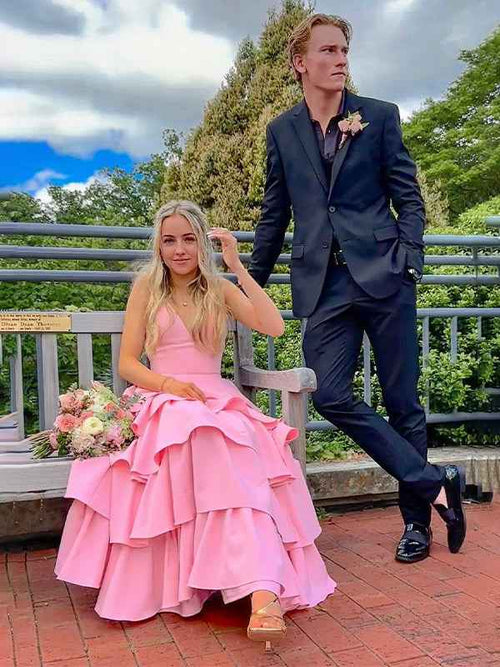Pink A-Line V-Neck Tiered Satin Long Prom Dress BMBRIDE