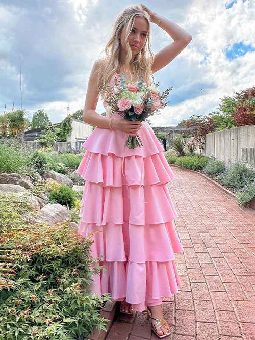 Pink A-Line V-Neck Tiered Satin Long Prom Dress BMBRIDE