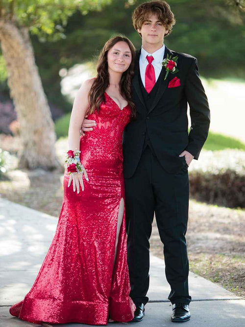 V-Neck Sequin Appliques Long Prom Dress with Slit BMBRIDE