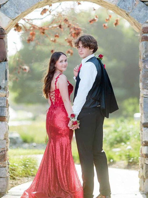 V-Neck Sequin Appliques Long Prom Dress with Slit BMBRIDE