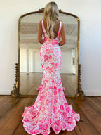 V Neck Sequin Lace Mermaid Long Prom Dress