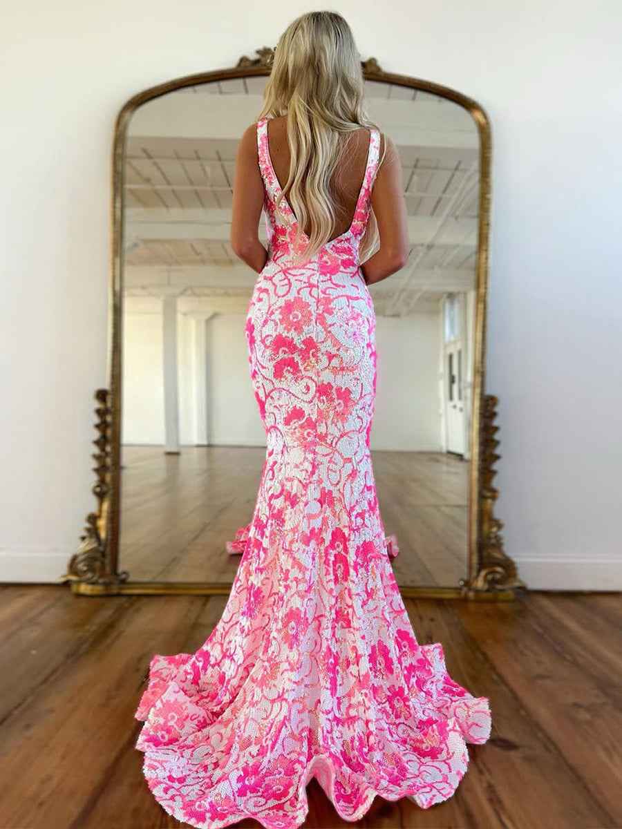 V Neck Sequin Lace Mermaid Long Prom Dress