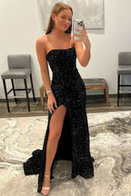 Eye-catching Mermaid Strapless Sequins Long Prom Dress with Slit BM bride