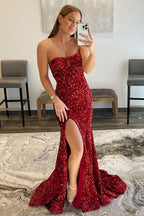 Eye-catching Mermaid Strapless Sequins Long Prom Dress with Slit BM bride