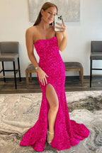 Eye-catching Mermaid Strapless Sequins Long Prom Dress with Slit BM bride