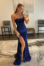 Eye-catching Mermaid Strapless Sequins Long Prom Dress with Slit BM bride