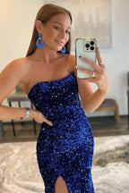 Eye-catching Mermaid Strapless Sequins Long Prom Dress with Slit BM bride
