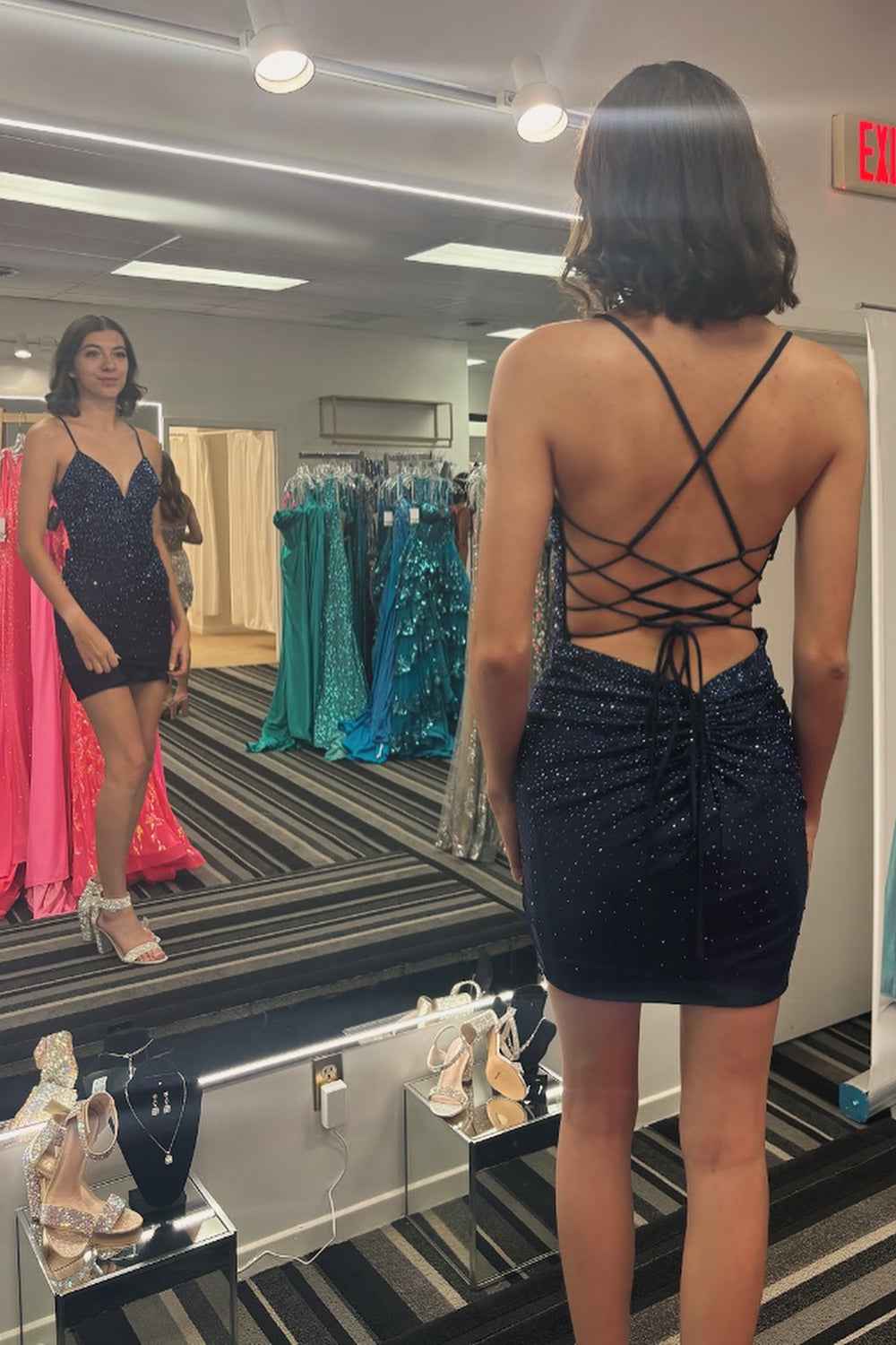 Glitter Black Spaghetti Straps Sequins Backless Tight Homecoming Dress Bmbride