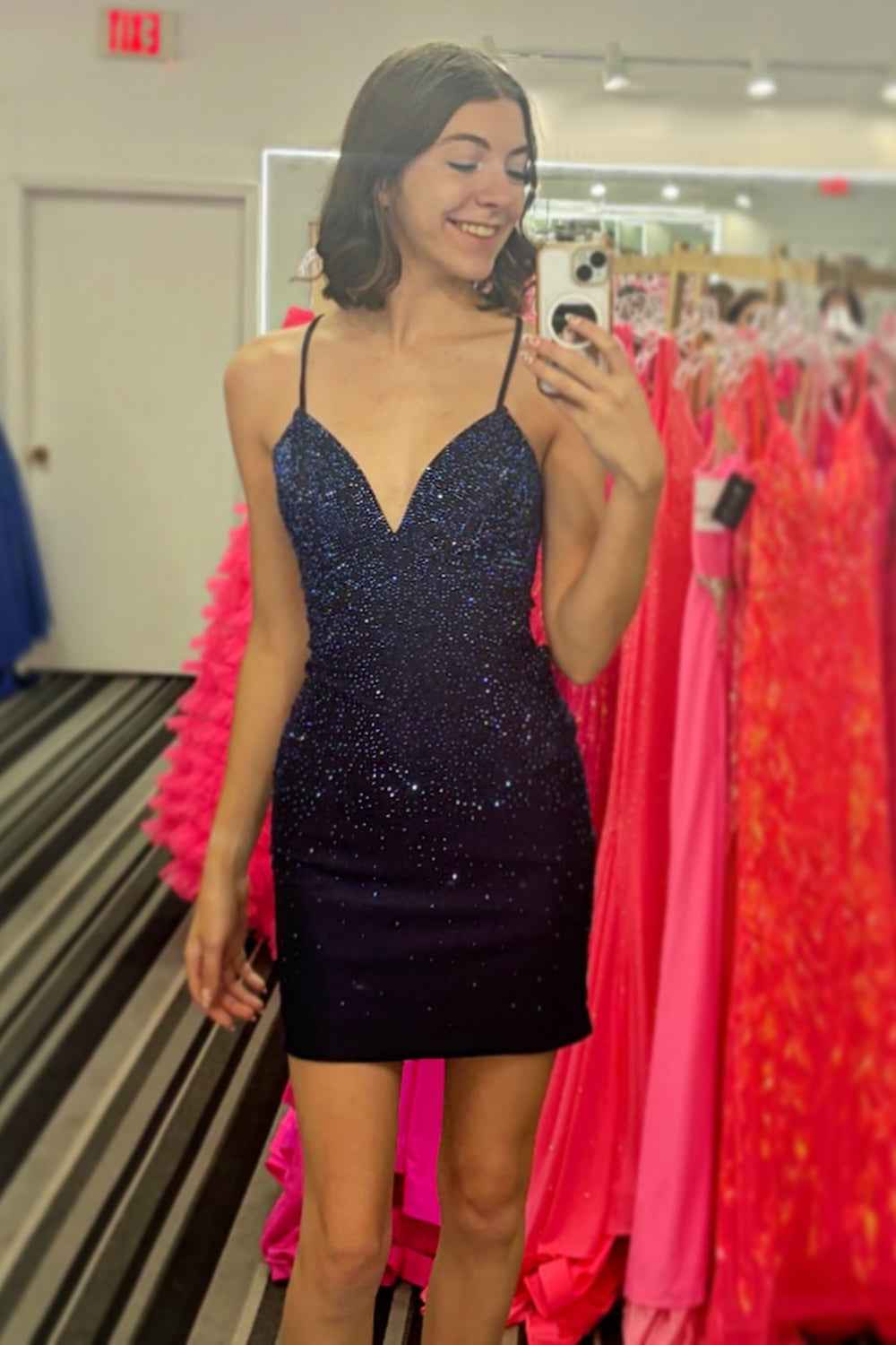 Glitter Black Spaghetti Straps Sequins Backless Tight Homecoming Dress Bmbride
