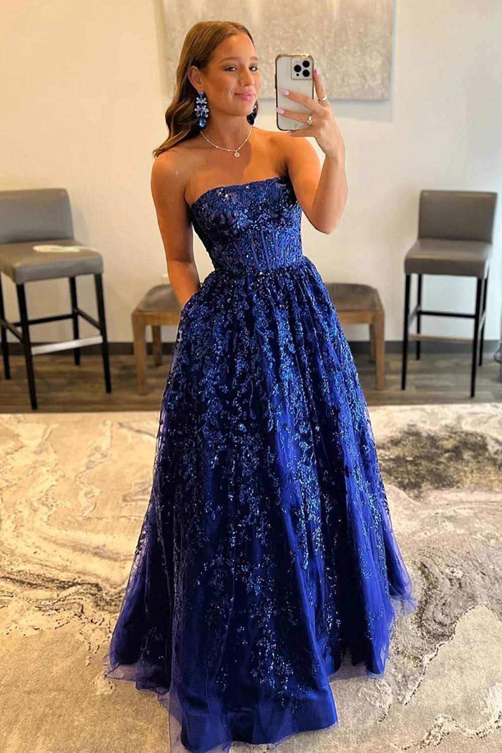 Lovely A-line Sequined Lace Long Prom Dress with Pockets BM bride
