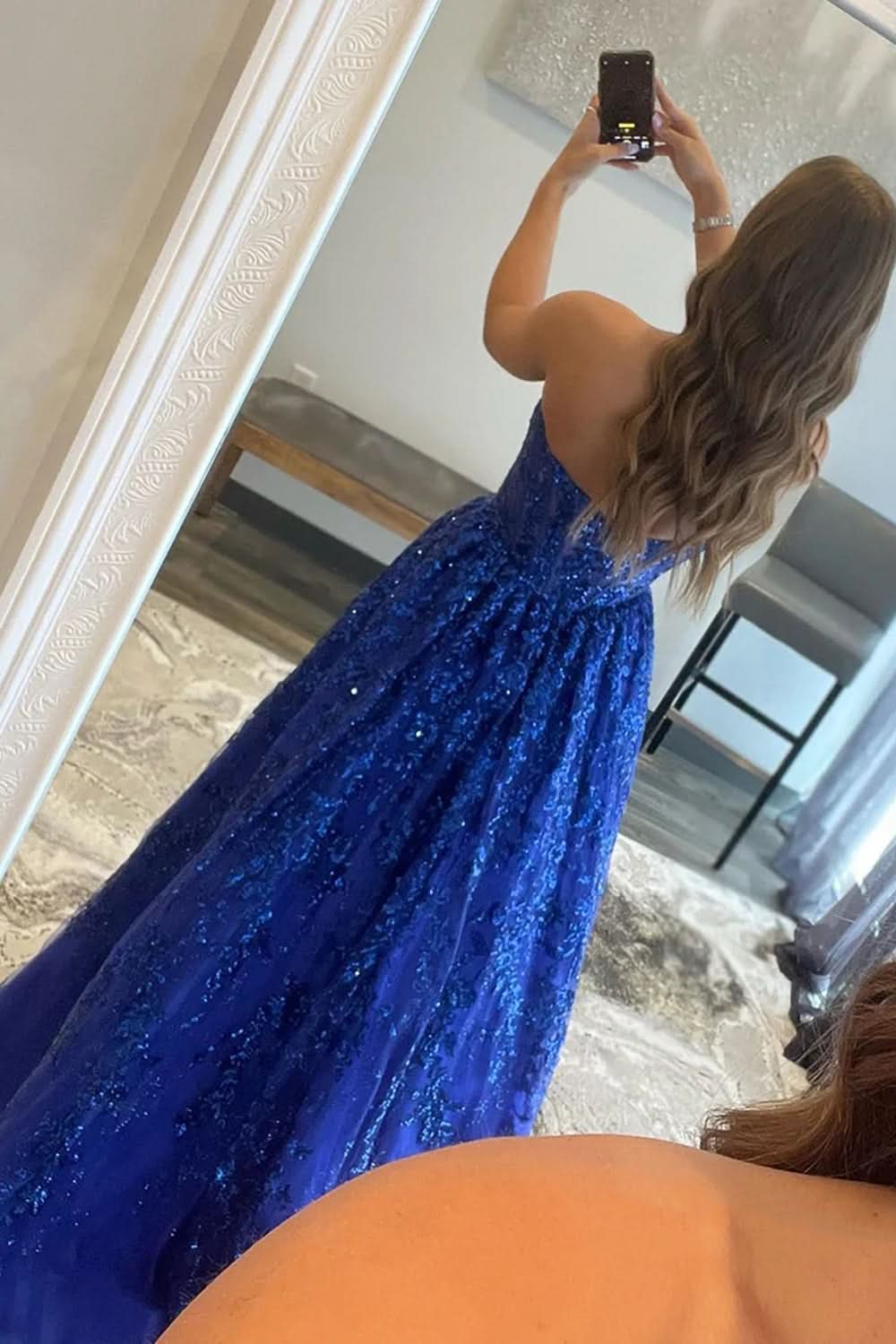 Lovely A-line Sequined Lace Long Prom Dress with Pockets BM bride