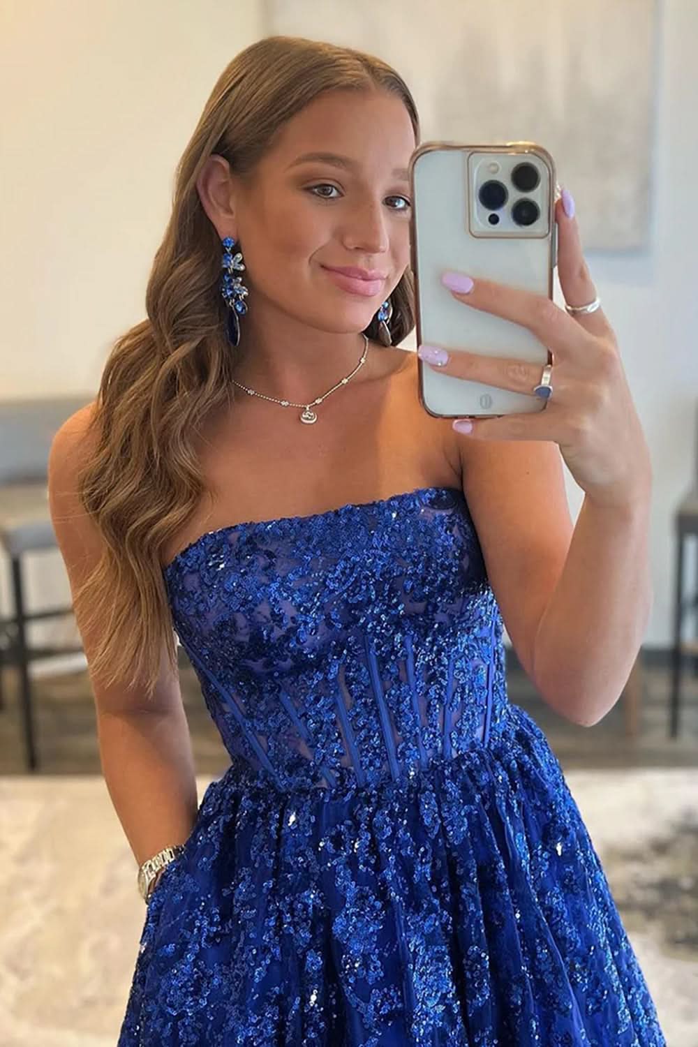 Lovely A-line Sequined Lace Long Prom Dress with Pockets BM bride