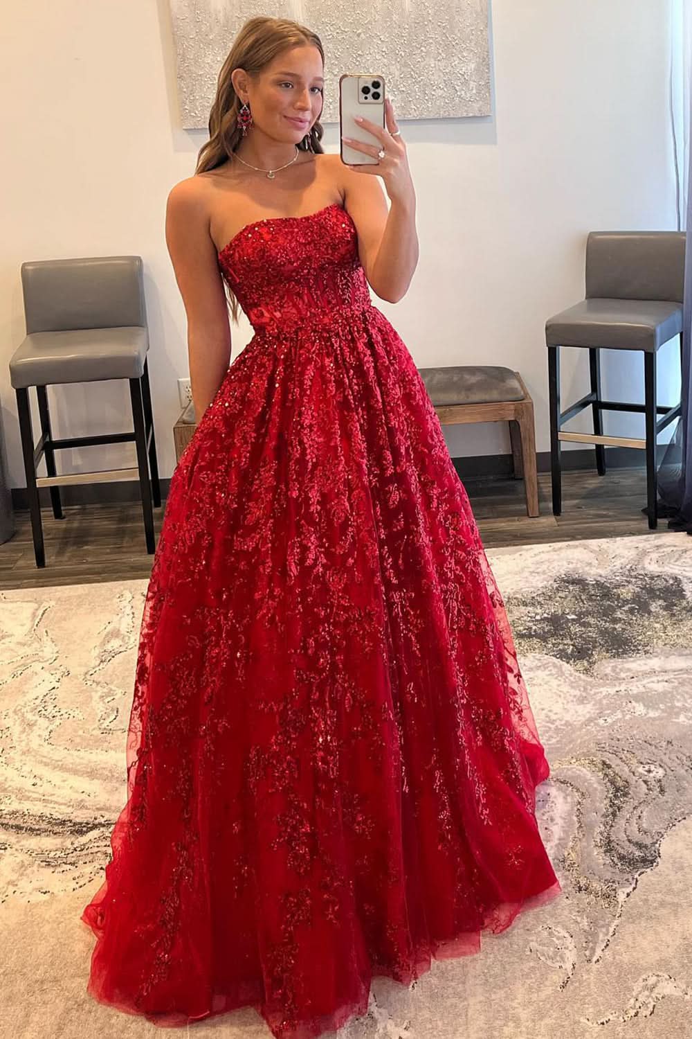 Lovely A-line Sequined Lace Long Prom Dress with Pockets BM bride