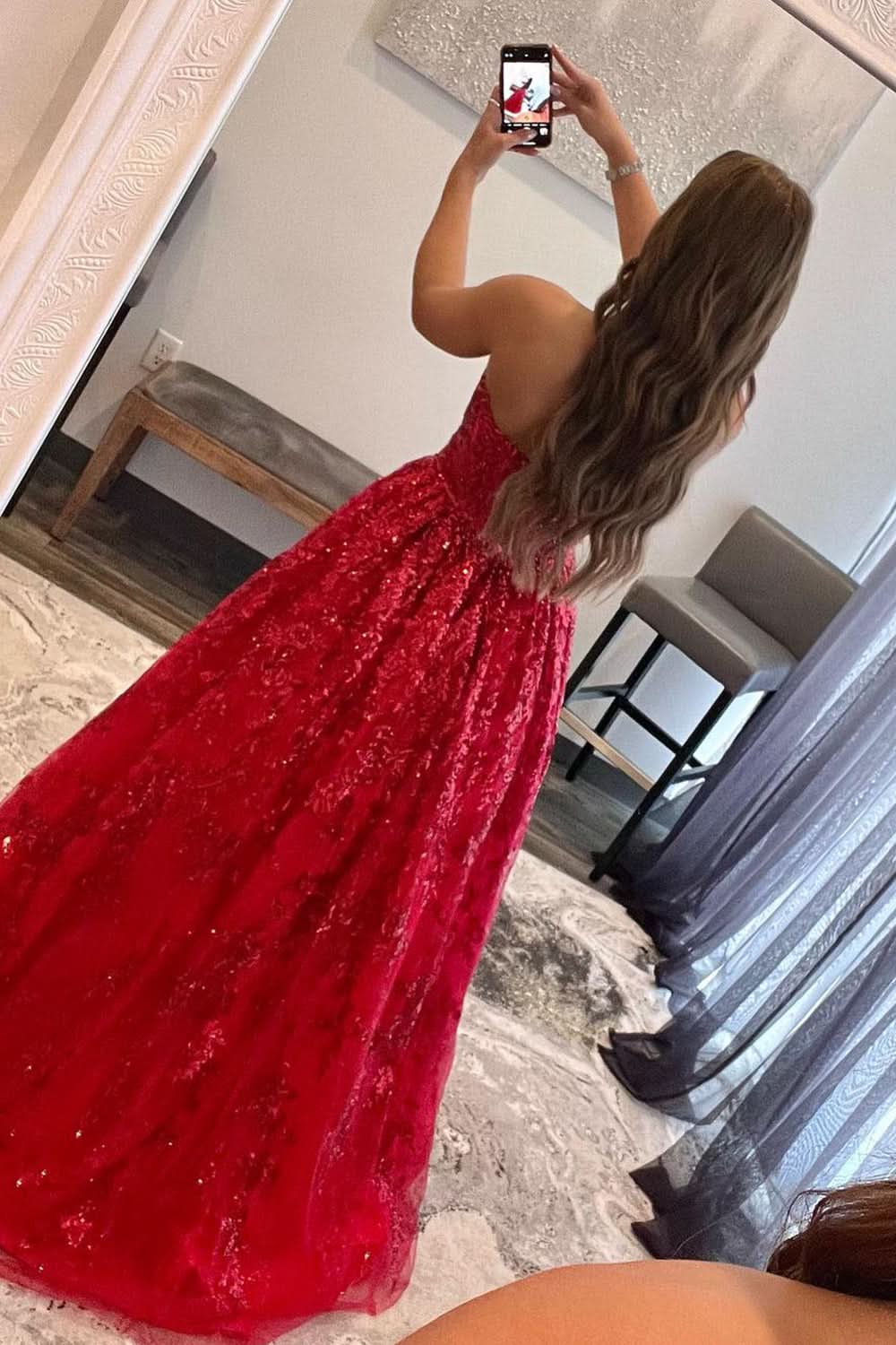 Lovely A-line Sequined Lace Long Prom Dress with Pockets BM bride