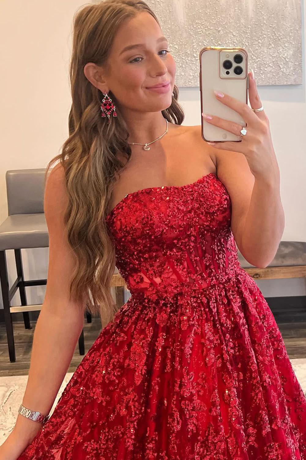 Lovely A-line Sequined Lace Long Prom Dress with Pockets BM bride