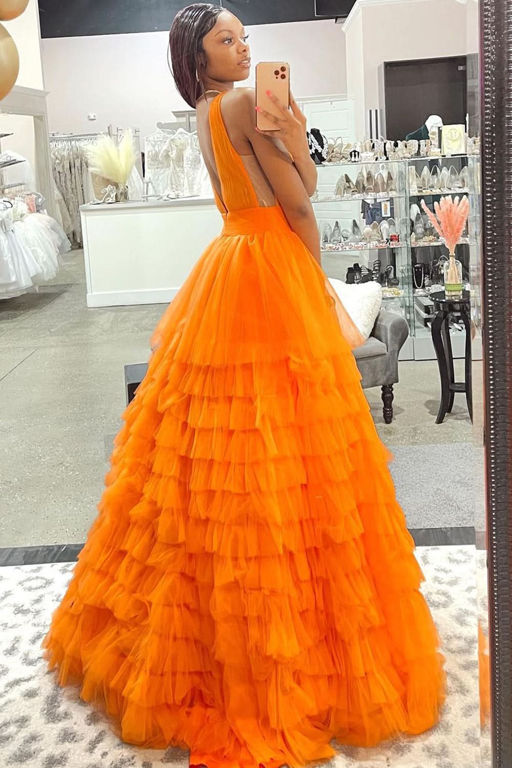 Charming A-Line Orange V-Neck Tulle Long Prom Dress BM bride