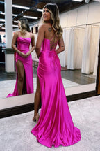 Radiant Hot Pink Spaghetti Straps Satin Mermaid Prom Dress with Slit BM bride