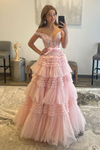 Romantic Princess A-Line Off-the-Shoulder Light Pink Long Prom Dress with Ruffles BM bride