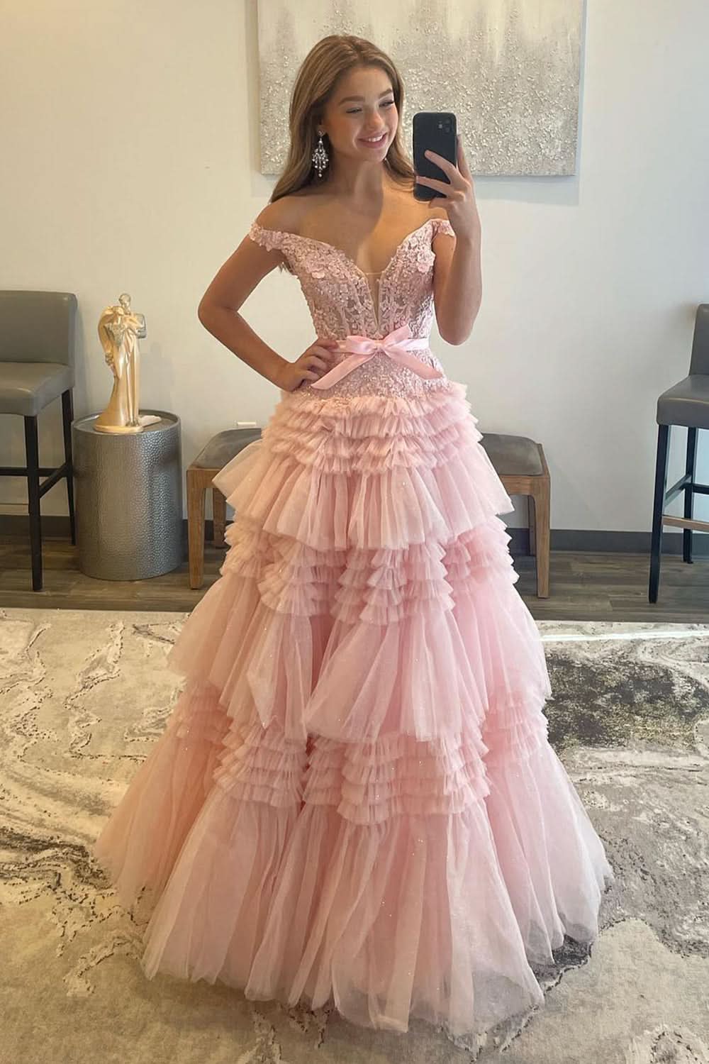 Romantic Princess A-Line Off-the-Shoulder Light Pink Long Prom Dress with Ruffles BM bride