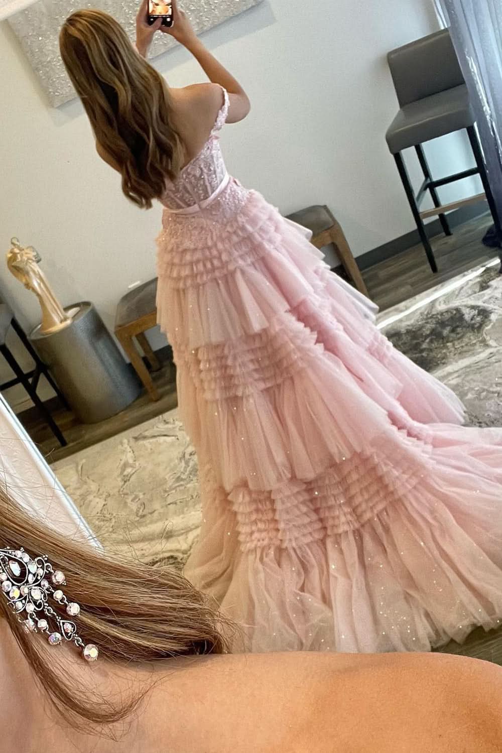 Romantic Princess A-Line Off-the-Shoulder Light Pink Long Prom Dress with Ruffles BM bride