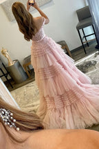 Romantic Princess A-Line Off-the-Shoulder Light Pink Long Prom Dress with Ruffles BM bride