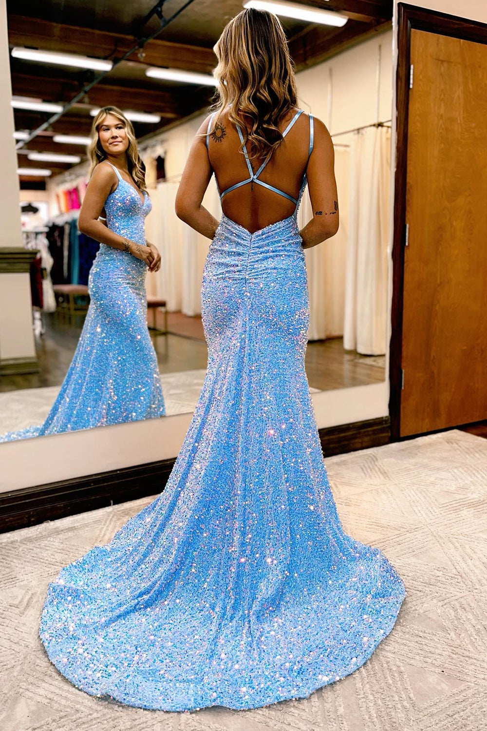 Sparkly Blue Mermaid Sequins Long Backless Prom Dress BM bride