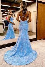 Sparkly Blue Mermaid Sequins Long Backless Prom Dress BM bride
