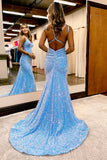 Sparkly Blue Mermaid Sequins Long Backless Prom Dress BM bride