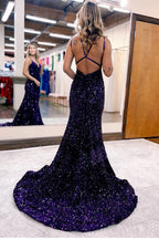 Sparkly Blue Mermaid Sequins Long Backless Prom Dress BM bride