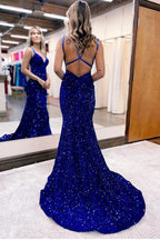 Sparkly Blue Mermaid Sequins Long Backless Prom Dress BM bride
